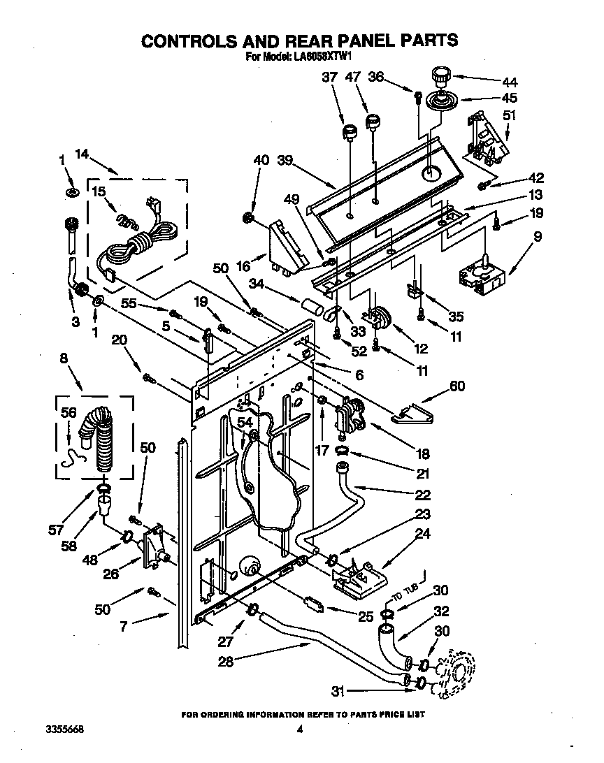 Whirlpool LA6058XTW1 controls and rear panel diagram
