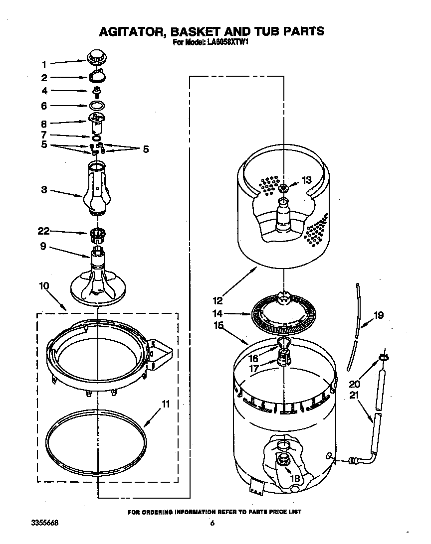 Whirlpool LA6058XTW1 agitator, basket and tub diagram
