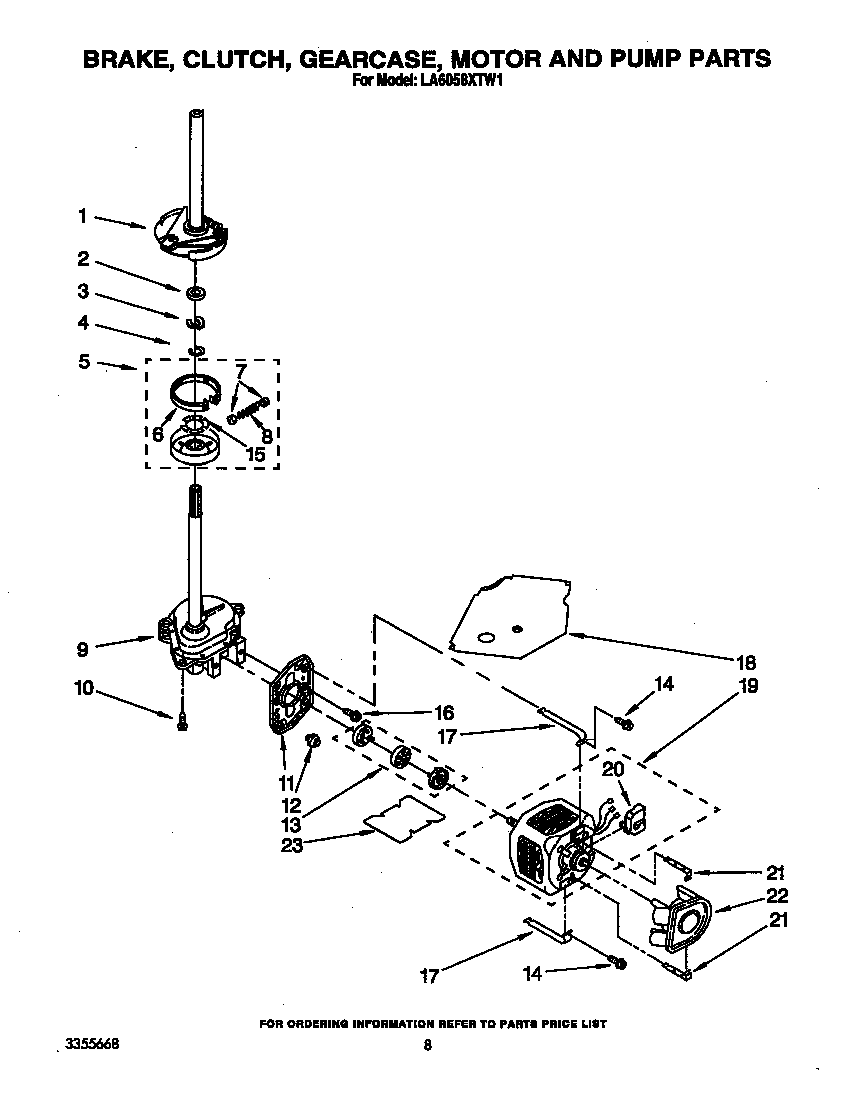 Whirlpool LA6058XTW1 brake, clutch, gearcase, motor and pump diagram