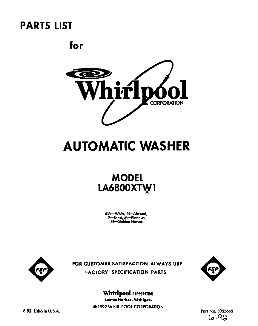 Whirlpool LA6800XTW1 front cover diagram