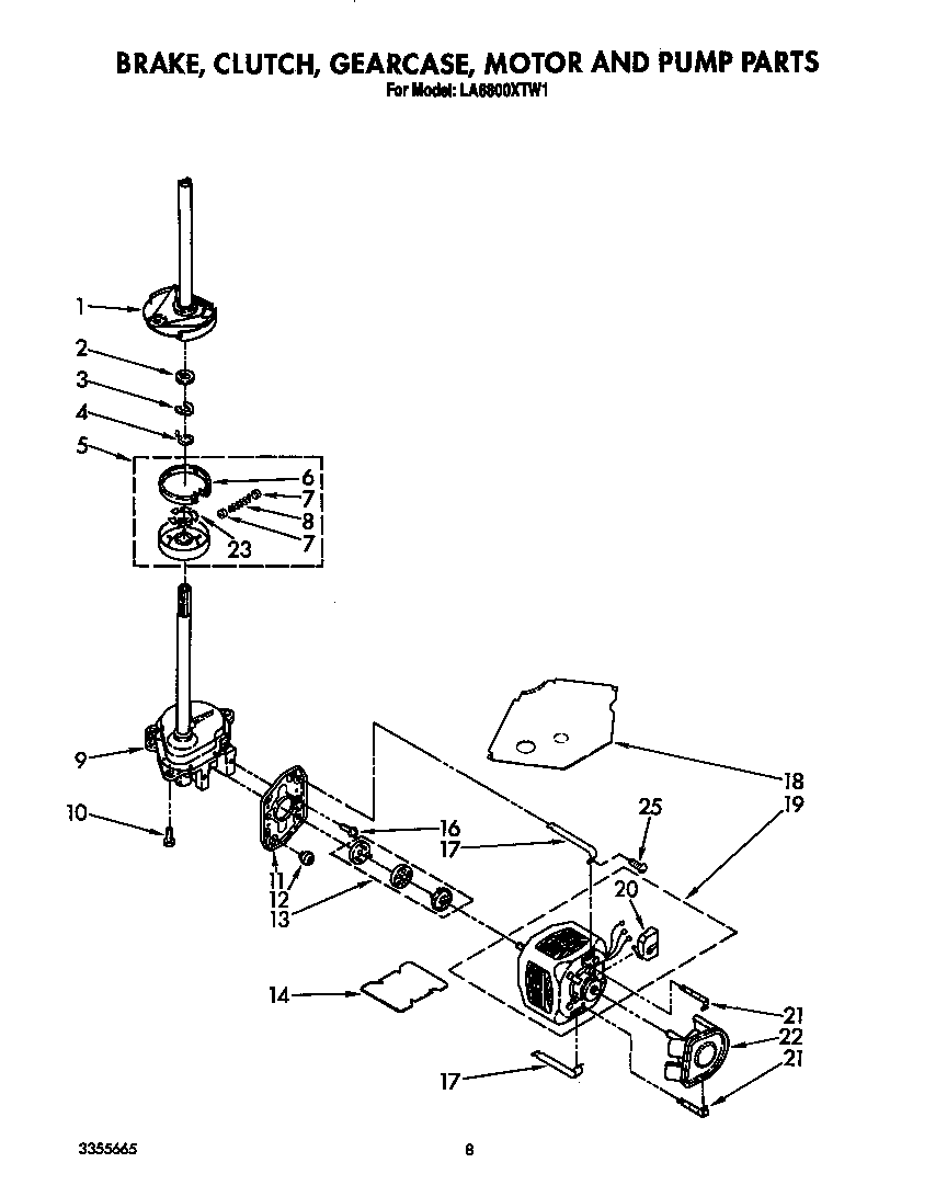 Whirlpool LA6800XTW1 brake, clutch, gearcase, motor and pump diagram