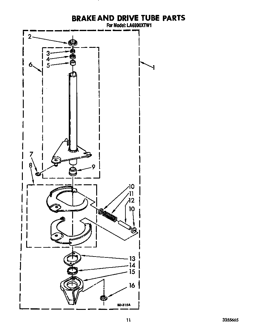 Whirlpool LA6800XTW1 brake and drive tube diagram