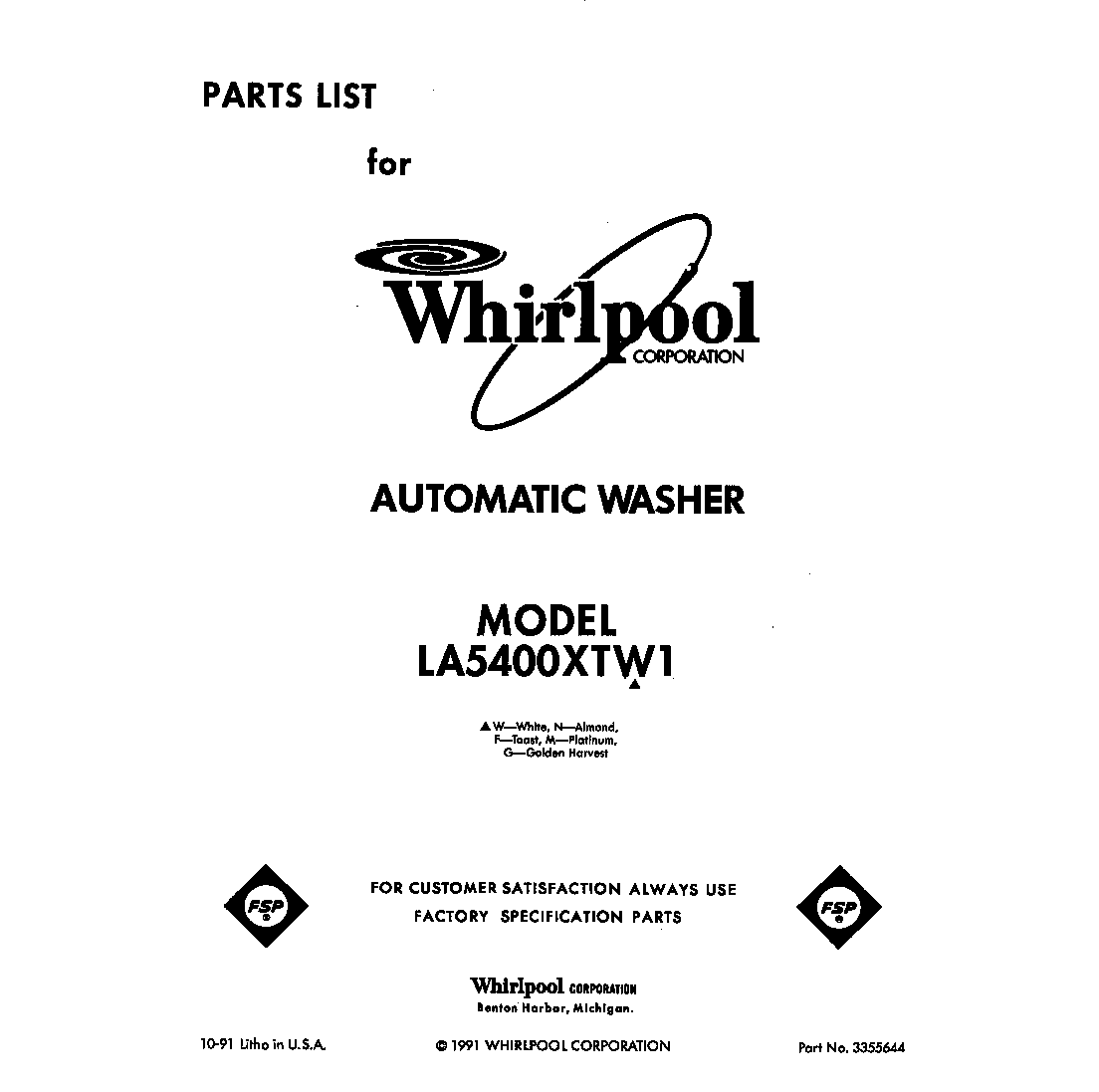 Whirlpool LA5400XTW1 front cover diagram
