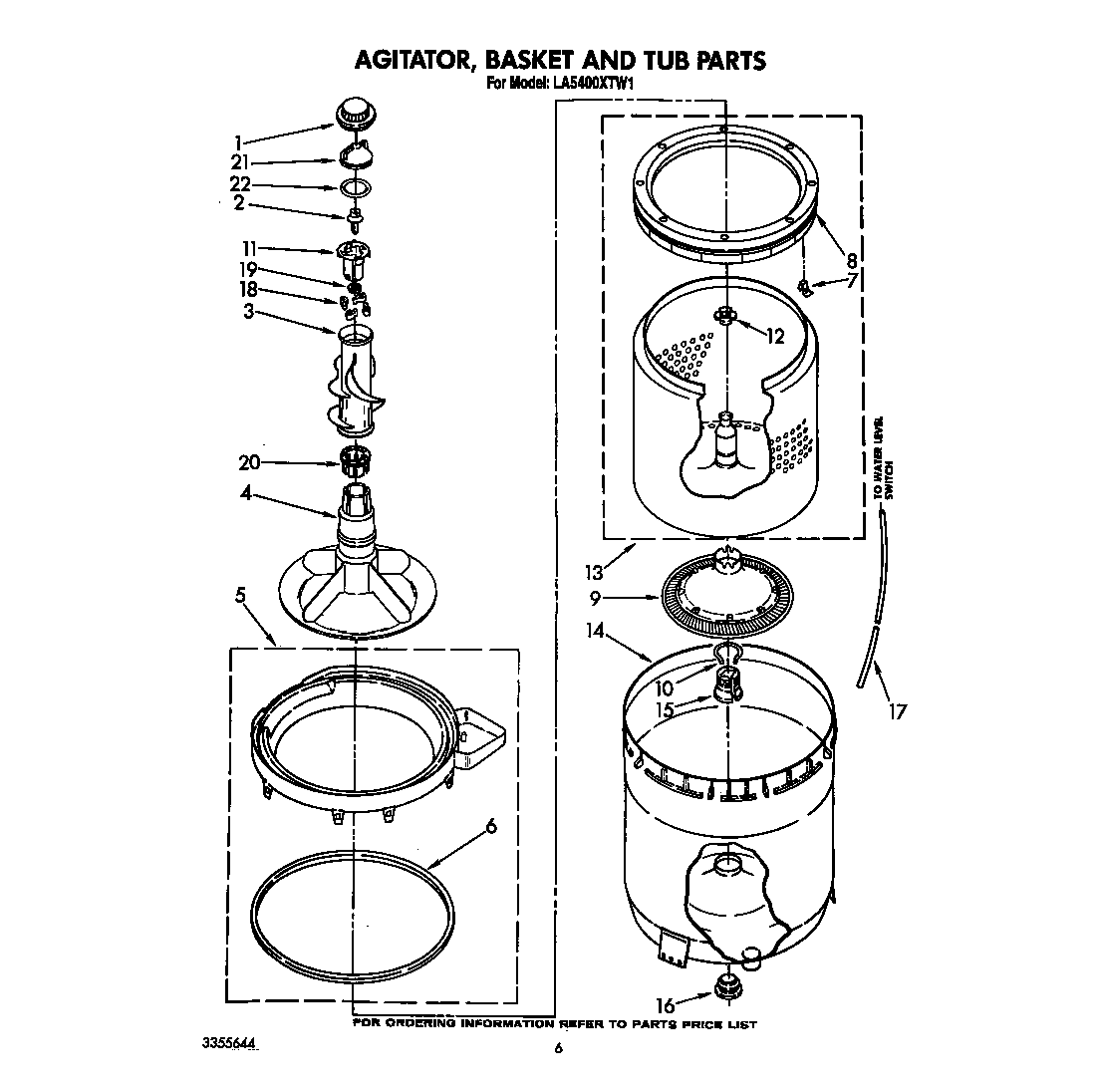 Whirlpool LA5400XTW1 agitator, basket and tub diagram