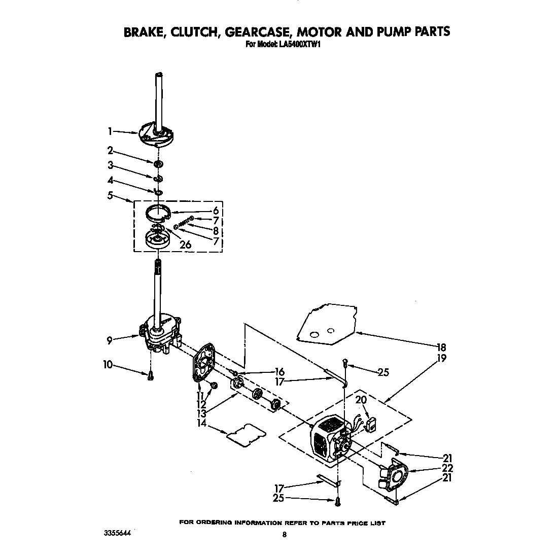Whirlpool LA5400XTW1 brake, clutch, gearcase, motor and pump diagram
