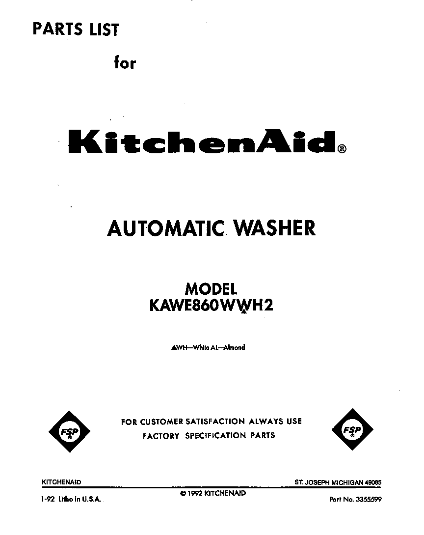 KitchenAid KAWE860WWH2 front cover diagram