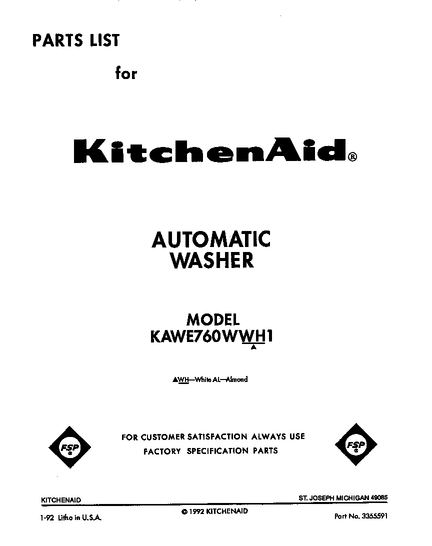 KitchenAid KAWE760WWH1 front cover diagram