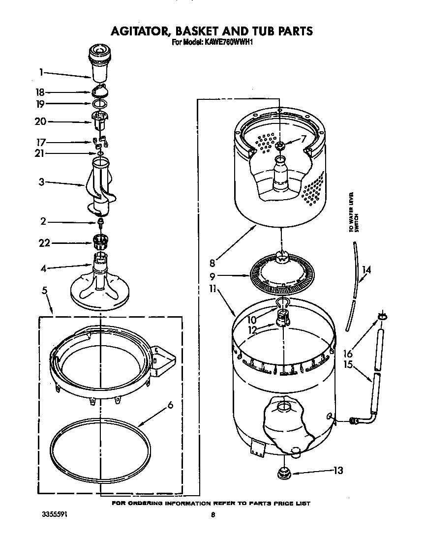 KitchenAid KAWE760WWH1 agitator, basket and tub diagram