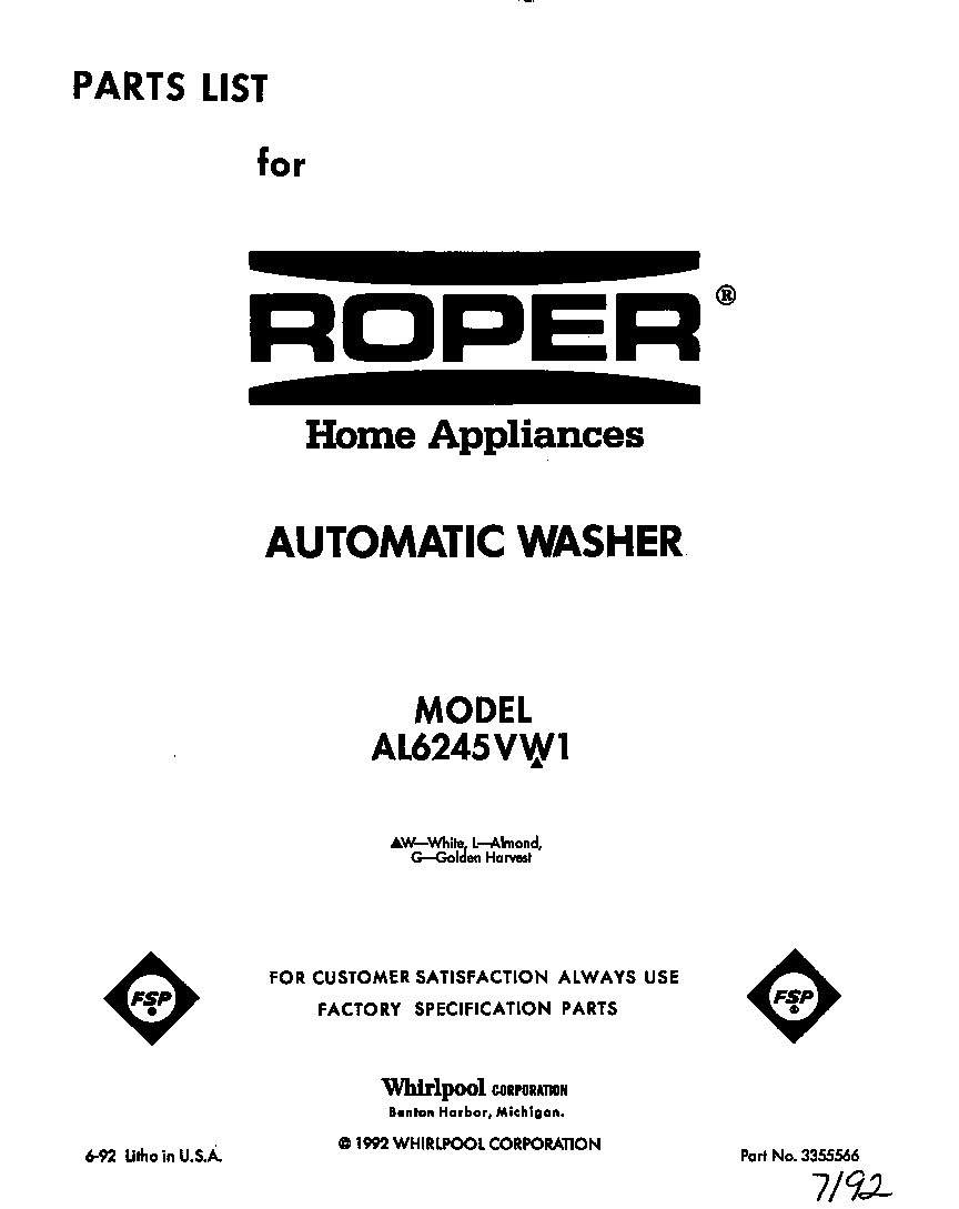 Roper AL6245VW1 front cover diagram