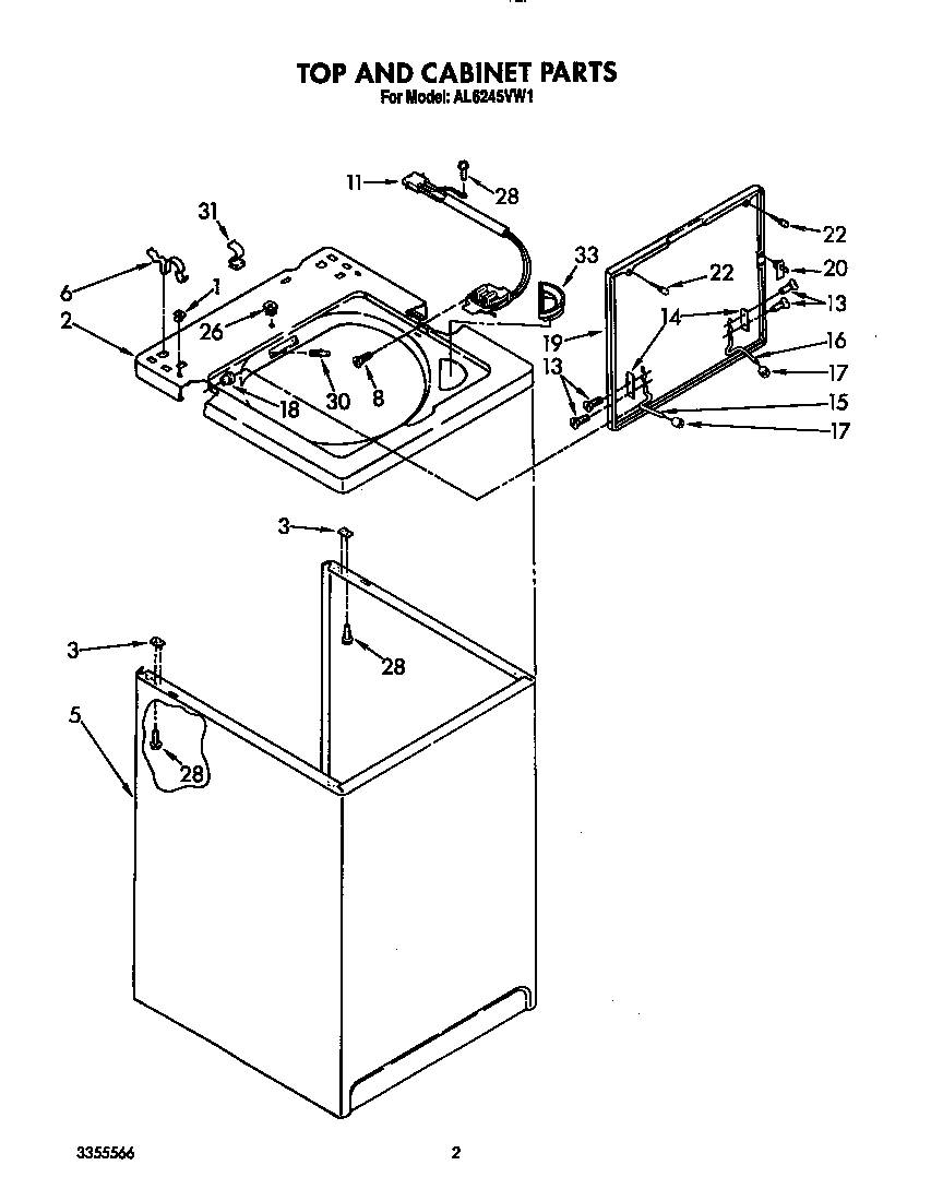 Roper AL6245VW1 top and cabinet diagram