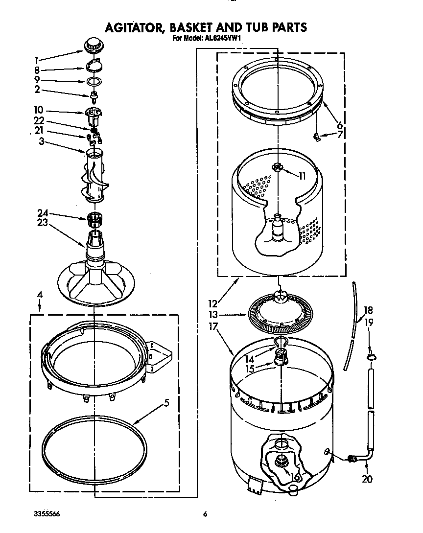 Roper AL6245VW1 agitator, basket and tub diagram