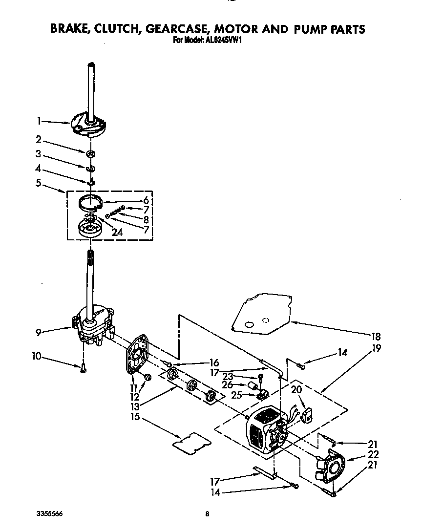 Roper AL6245VW1 brake, clutch, gearcase, motor and pump diagram