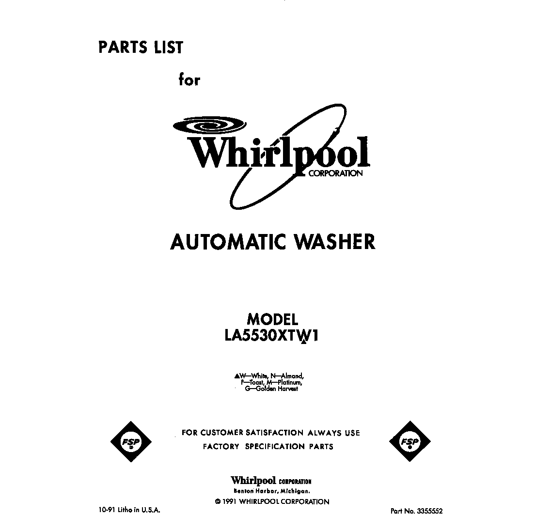 Whirlpool LA5530XTW1 front cover diagram