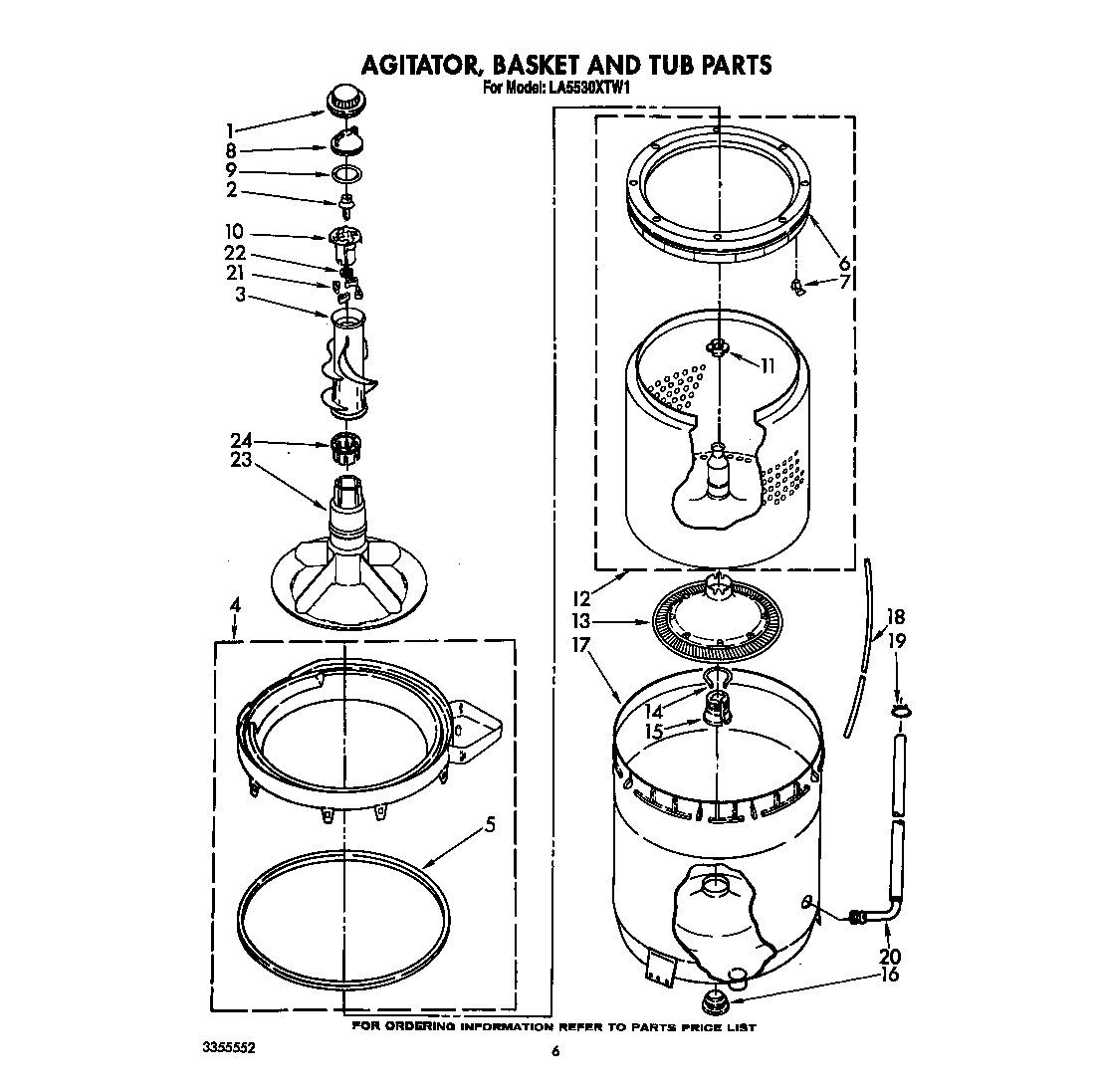 Whirlpool LA5530XTW1 agitator, basket and tub diagram