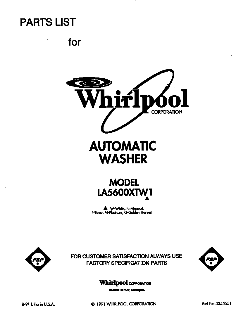 Whirlpool LA5600XTW1 front cover diagram