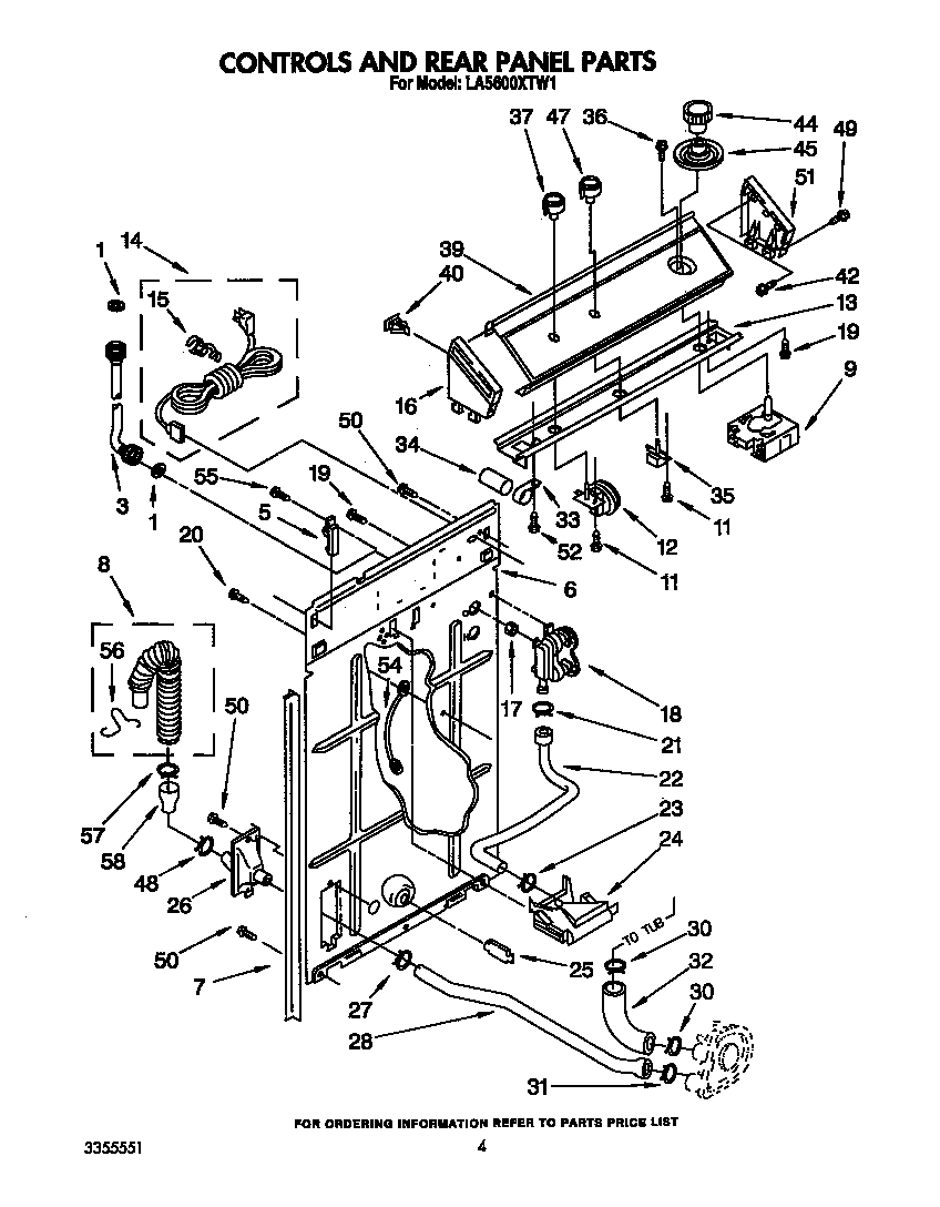 Whirlpool LA5600XTW1 controls and rear panel diagram