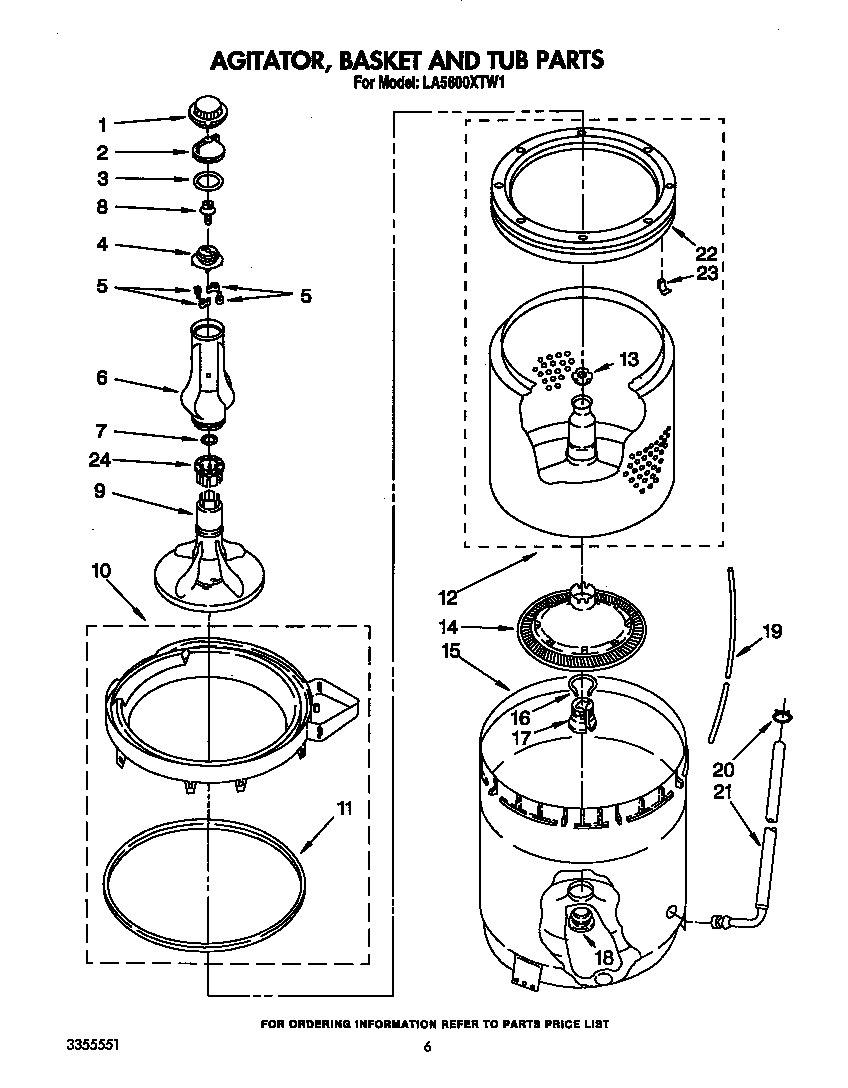 Whirlpool LA5600XTW1 agitator, basket and tub diagram