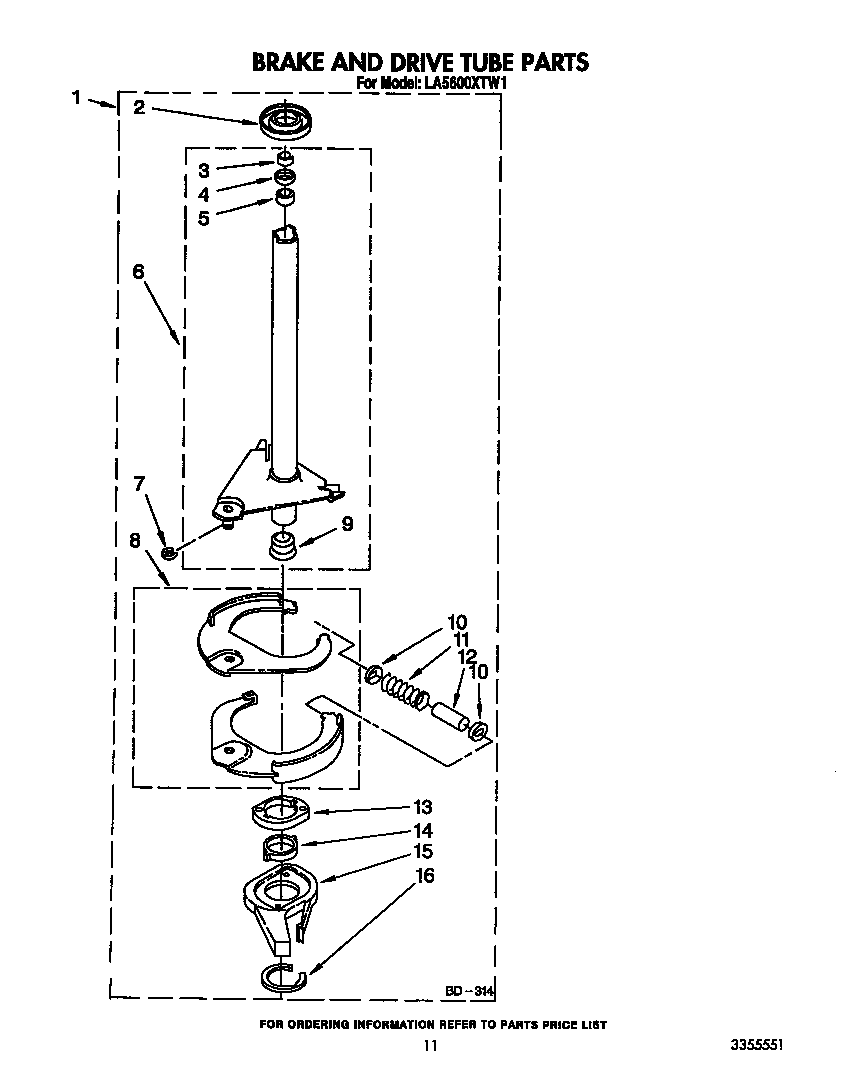 Whirlpool LA5600XTW1 brake and drive tube diagram