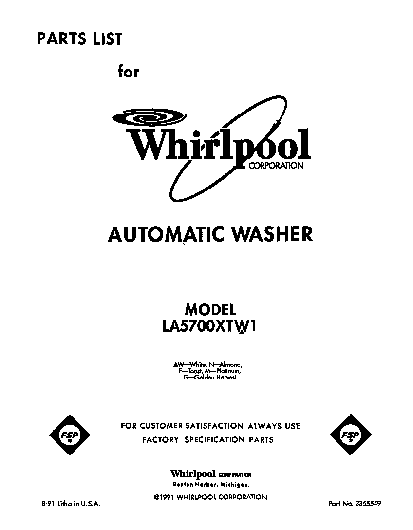 Whirlpool LA5700XTW1 front cover diagram