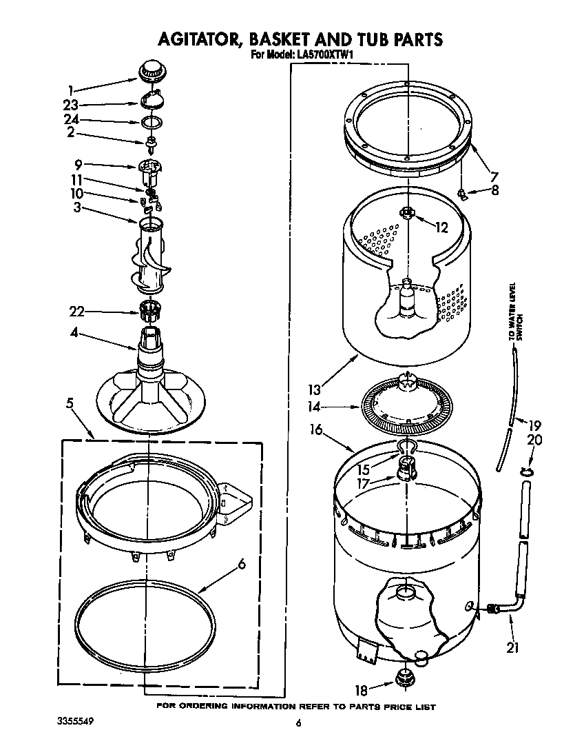 Whirlpool LA5700XTW1 agitator, basket and tub diagram