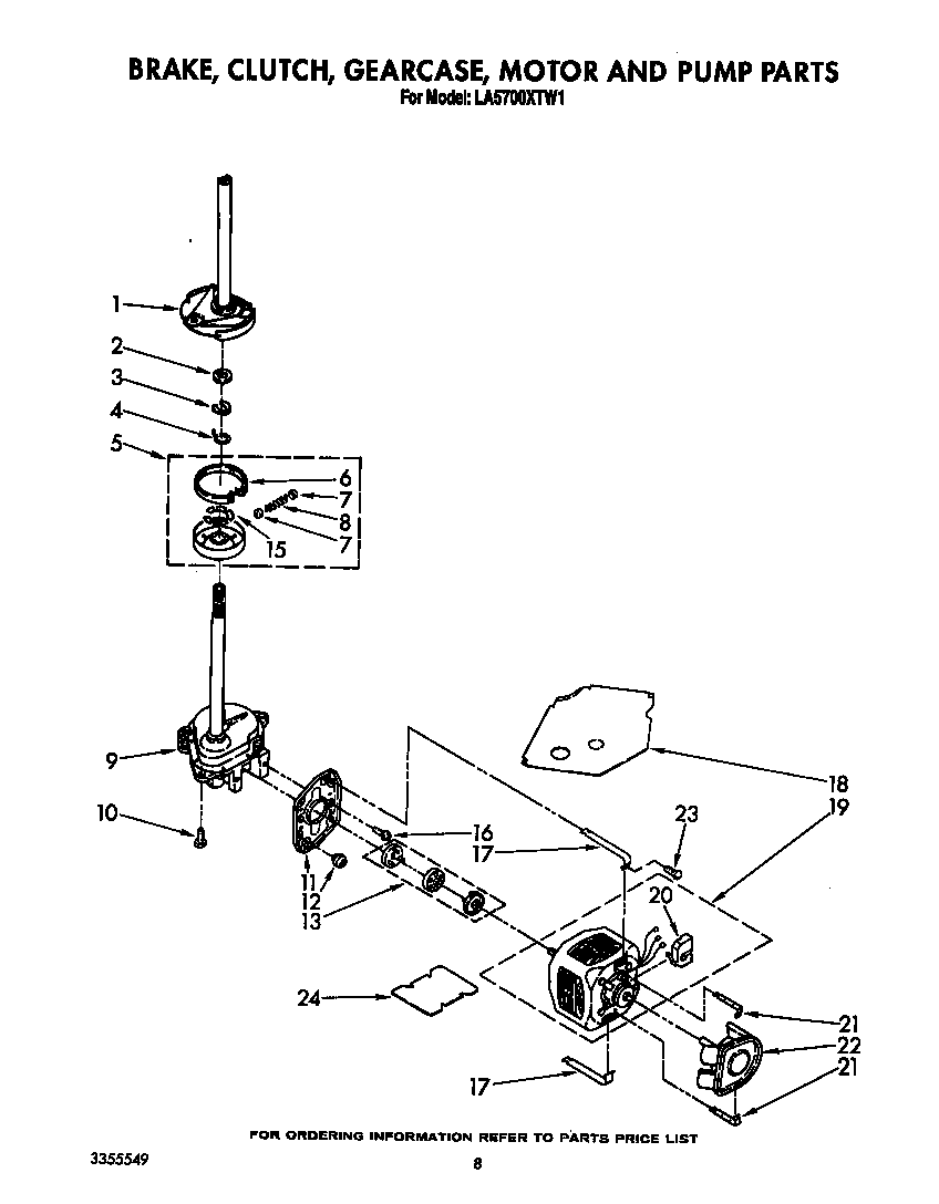 Whirlpool LA5700XTW1 brake, clutch, gearcase, motor and pump diagram