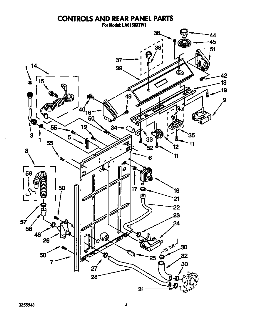 Whirlpool LA6150XTW1 controls and rear panel diagram