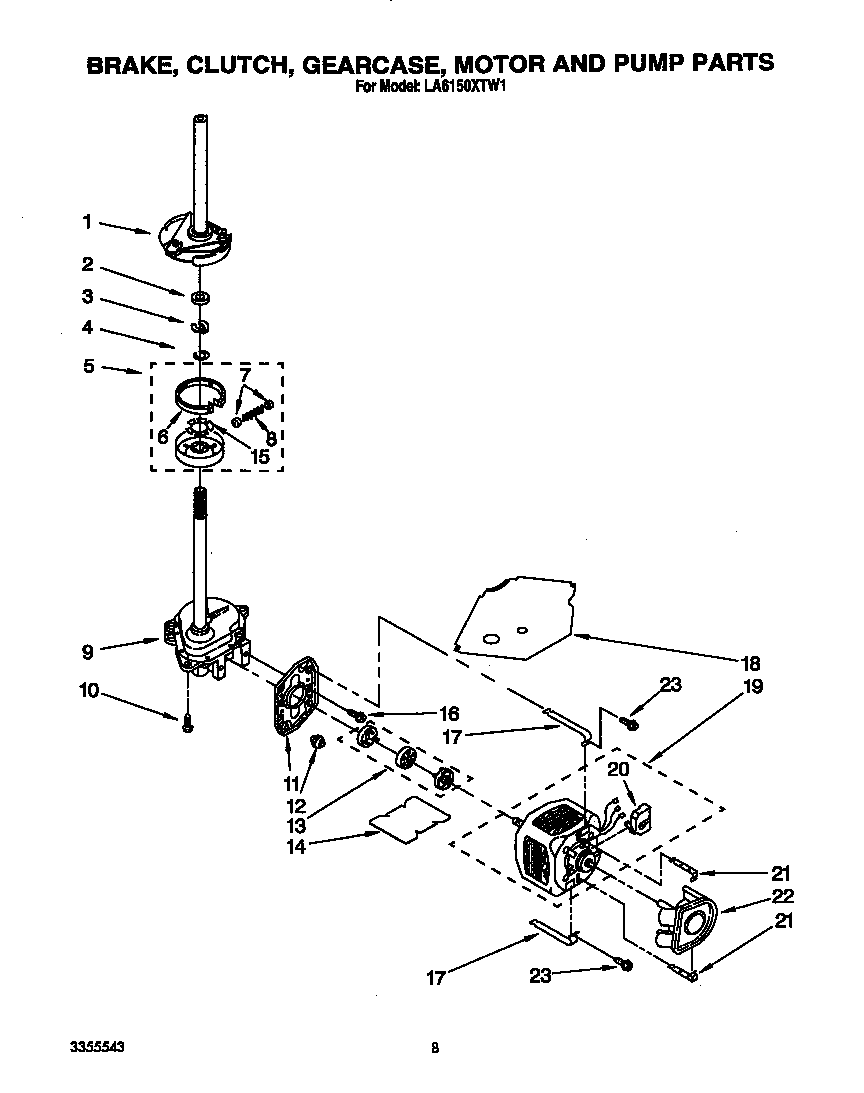 Whirlpool LA6150XTW1 brake, clutch, gearcase, motor and pump diagram