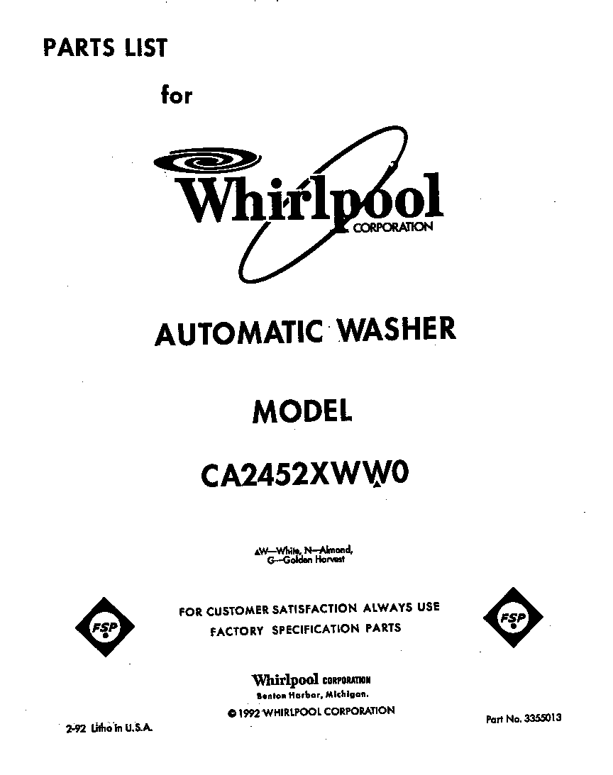 Whirlpool CA2452XWW0 front cover diagram