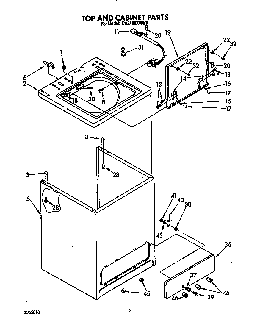 Whirlpool CA2452XWW0 top and cabinet diagram