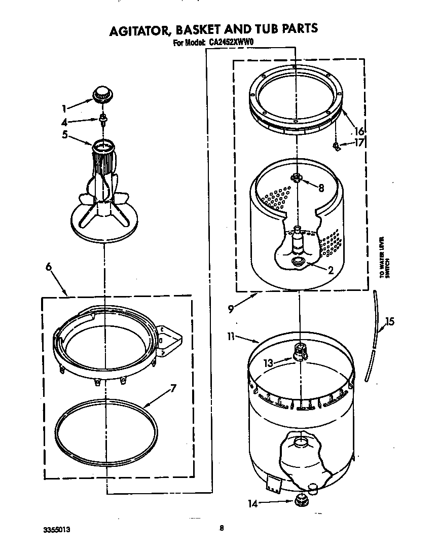 Whirlpool CA2452XWW0 agitator, basket and tub diagram