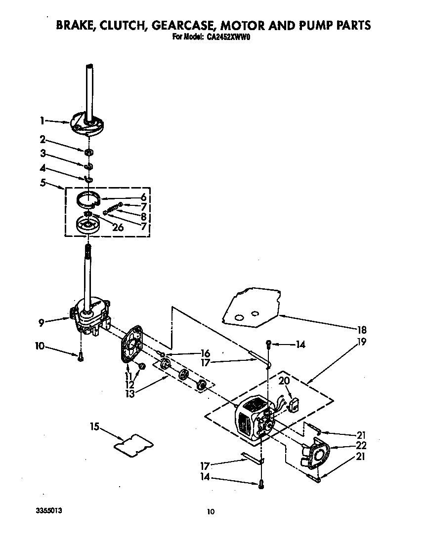 Whirlpool CA2452XWW0 brake, clutch, gearcase, motor and pump diagram