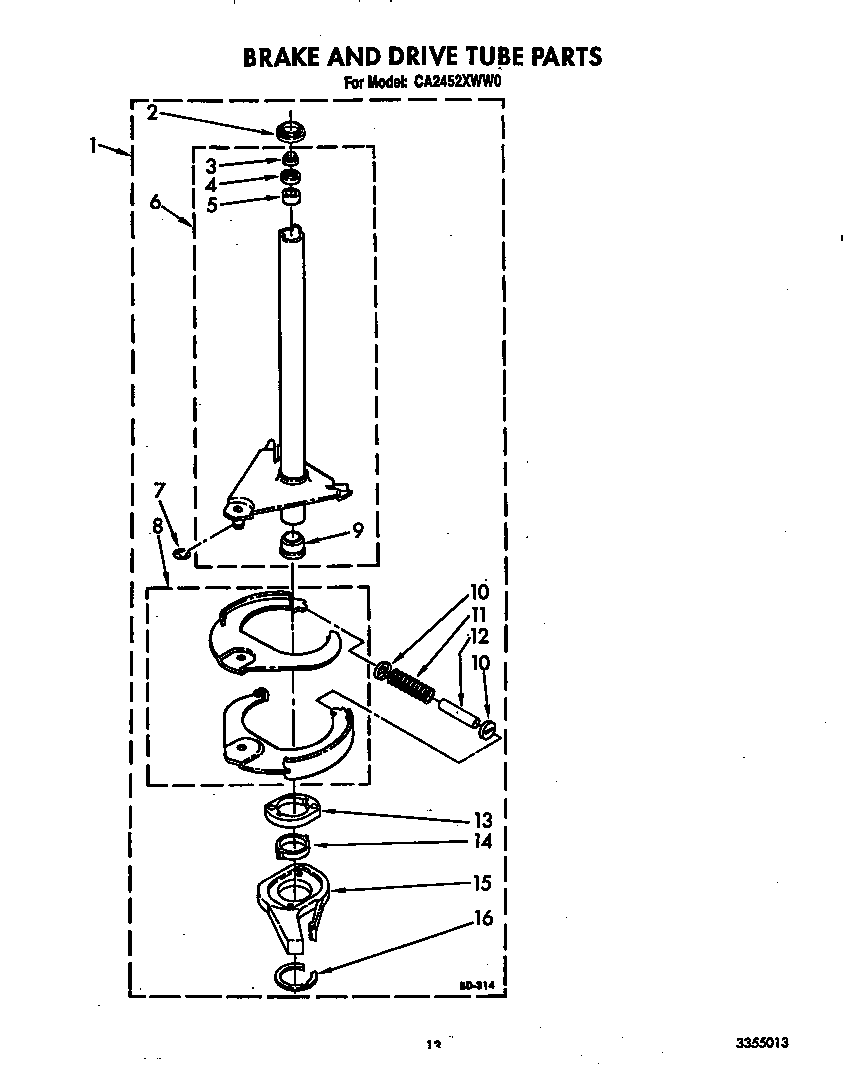Whirlpool CA2452XWW0 brake and drive tube diagram