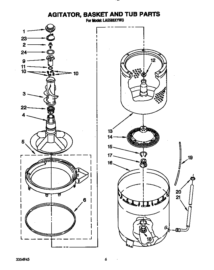 Whirlpool LA5588XYW0 agitator, basket and tub diagram