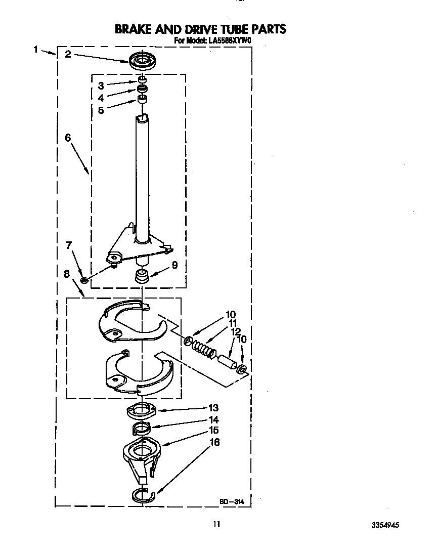 Whirlpool LA5588XYW0 brake and drive tube diagram