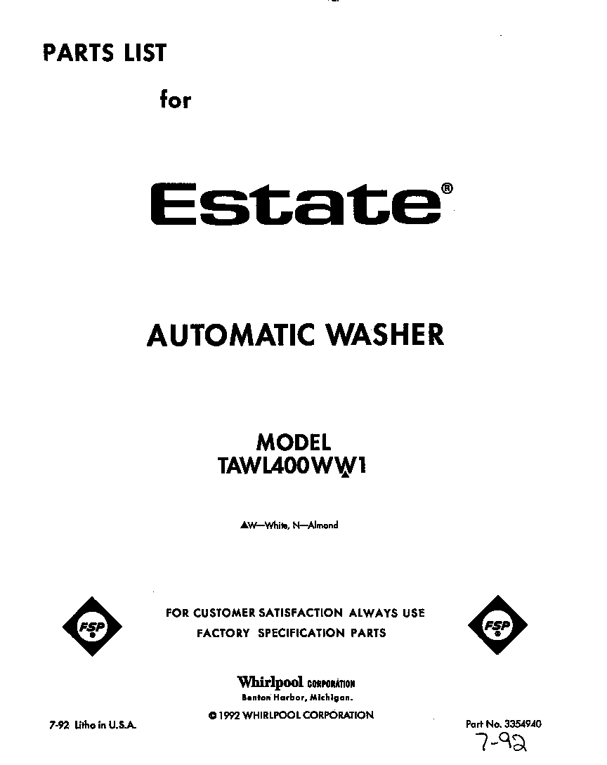 Estate TAWL400WW1 front cover diagram