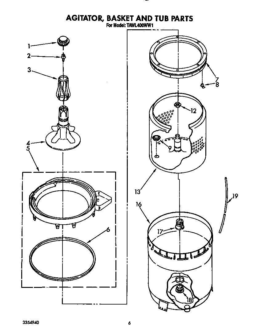 Estate TAWL400WW1 agitator, basket and tub diagram