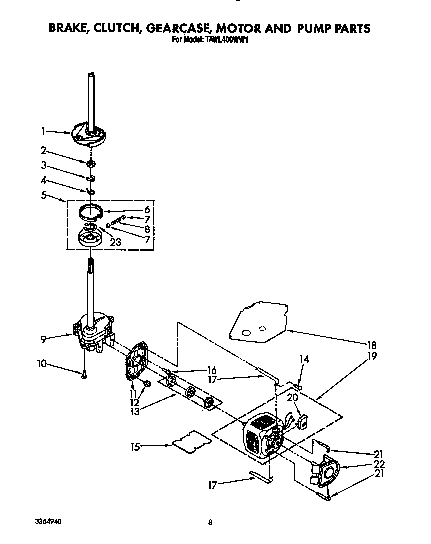 Estate TAWL400WW1 brake, clutch, gearcase, motor and pump diagram