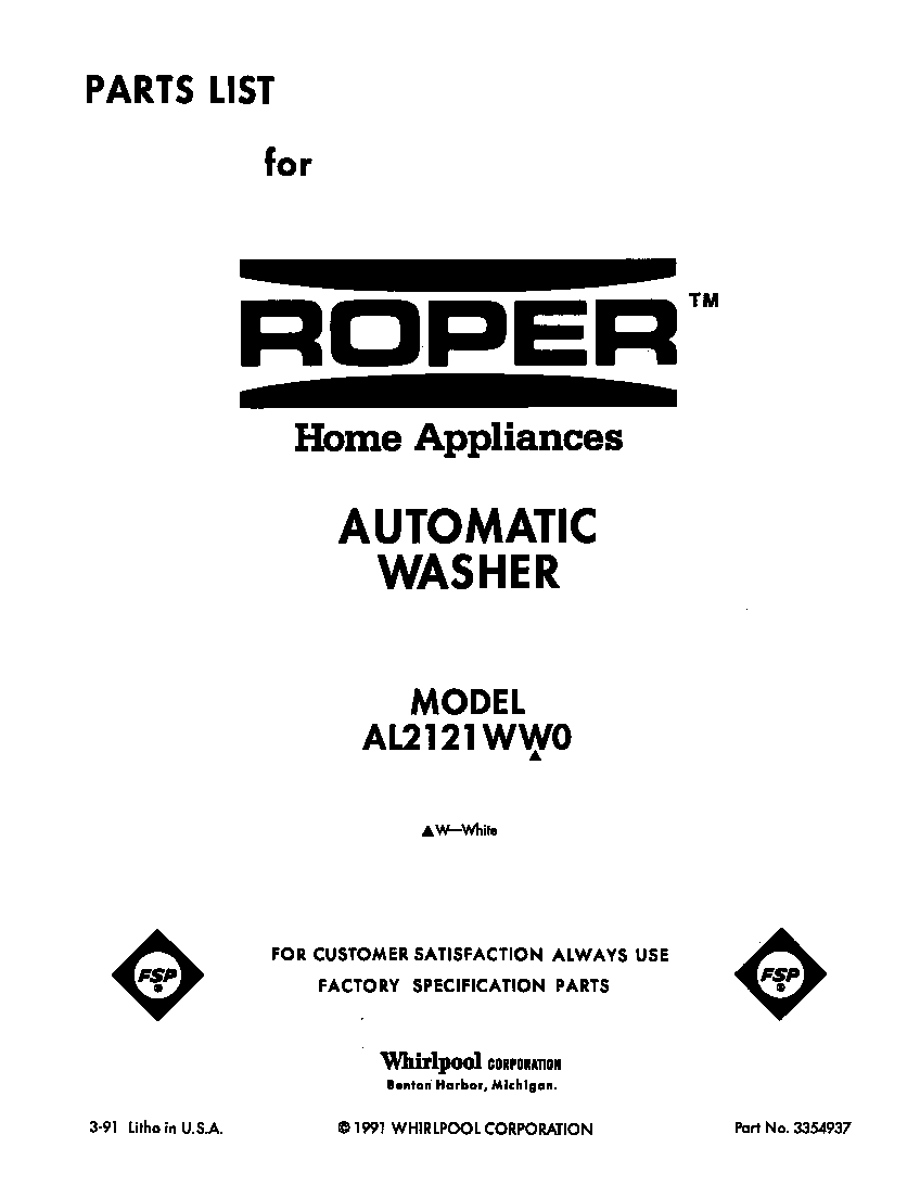 Roper AL2121WW0 front cover diagram