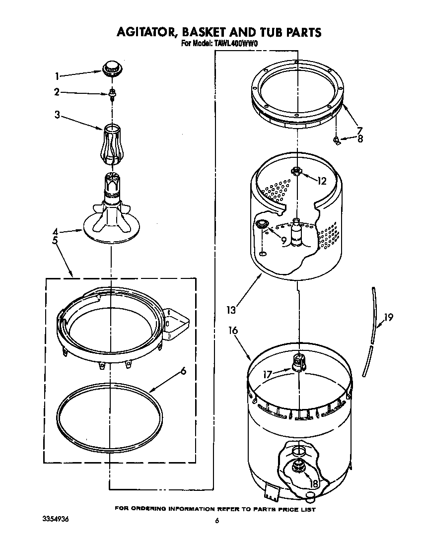 Estate TAWL400WW0 agitator, basket and tub diagram