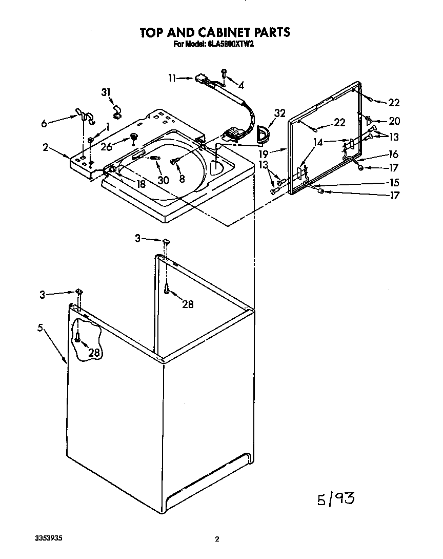 Whirlpool 6LA5800XTW2 top and cabinet diagram