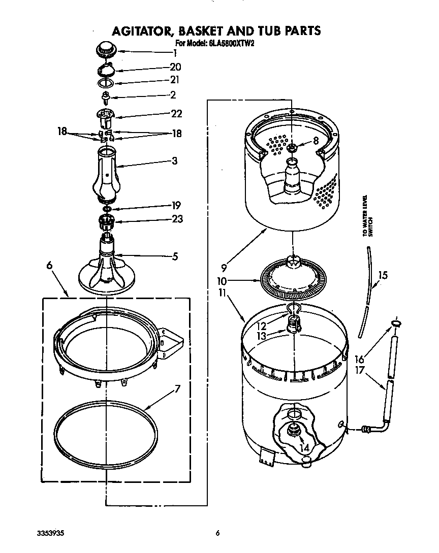 Whirlpool 6LA5800XTW2 agitator, basket and tub diagram