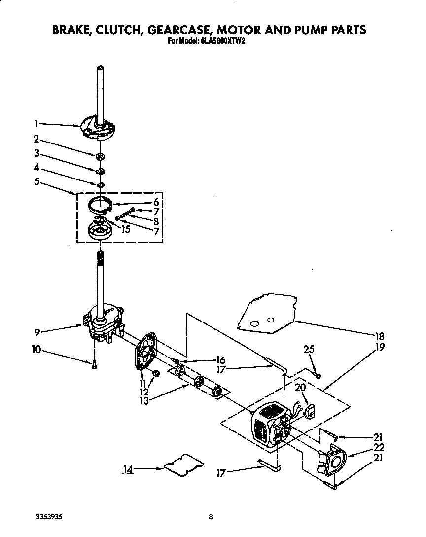 Whirlpool 6LA5800XTW2 brake, clutch, gearcase, motor and pump diagram