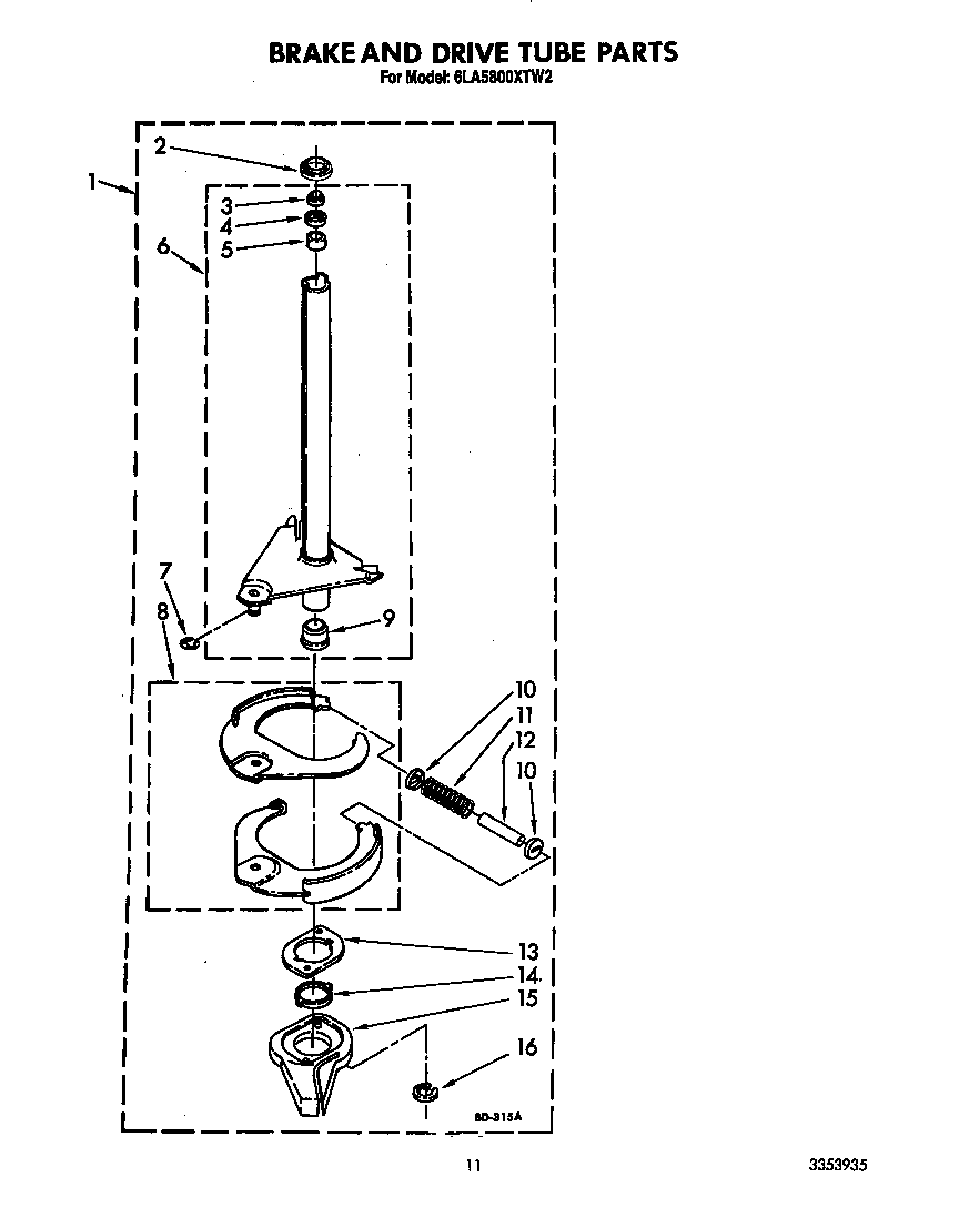 Whirlpool 6LA5800XTW2 brake and drive tube diagram