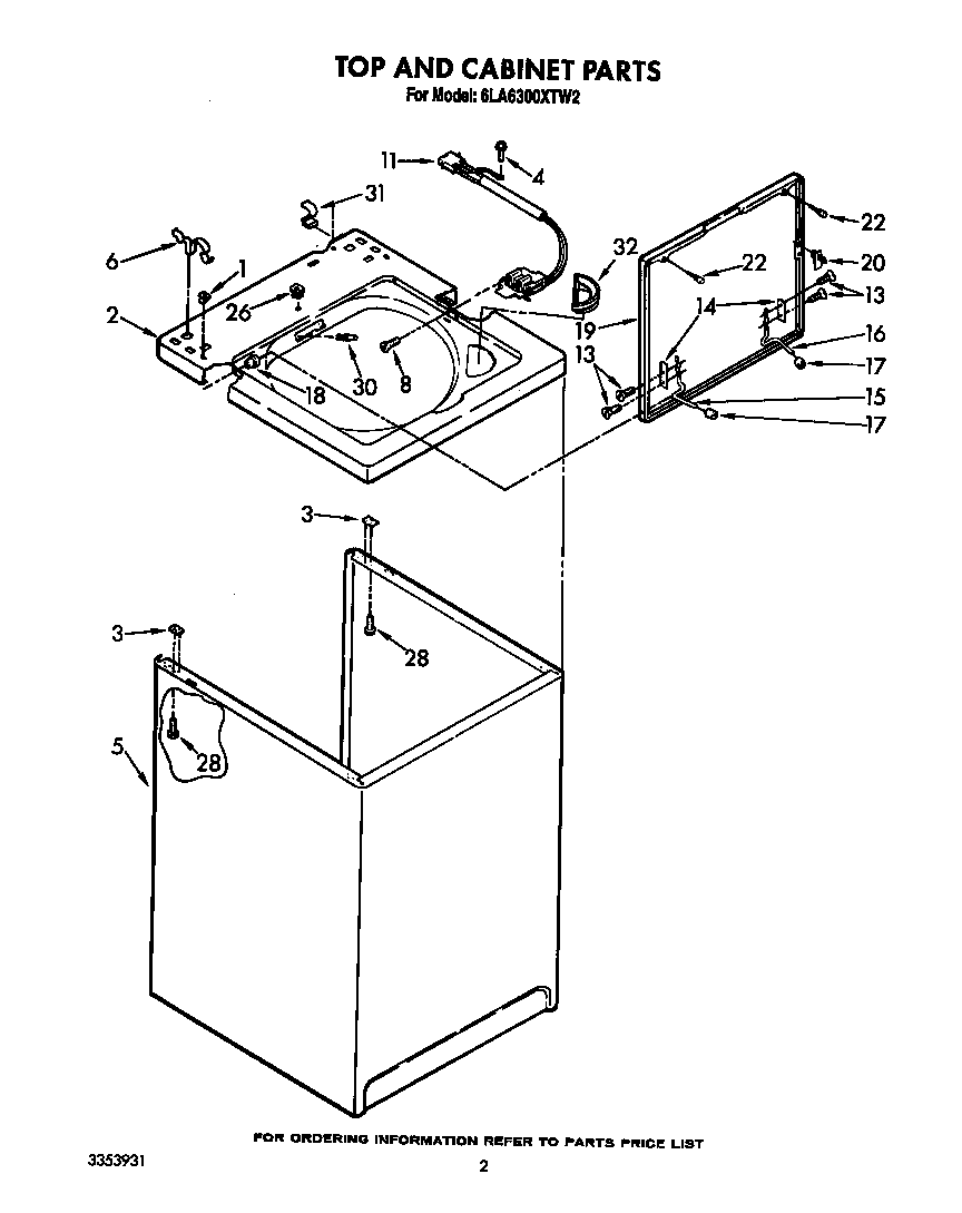 Whirlpool 6LA6300XTW2 top and cabinet diagram