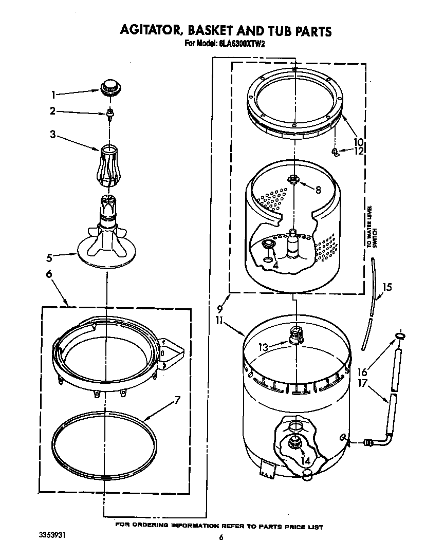Whirlpool 6LA6300XTW2 agitator, basket and tub diagram