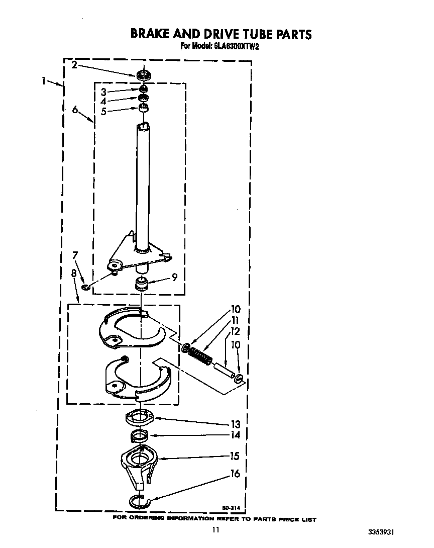 Whirlpool 6LA6300XTW2 brake and drive tube diagram