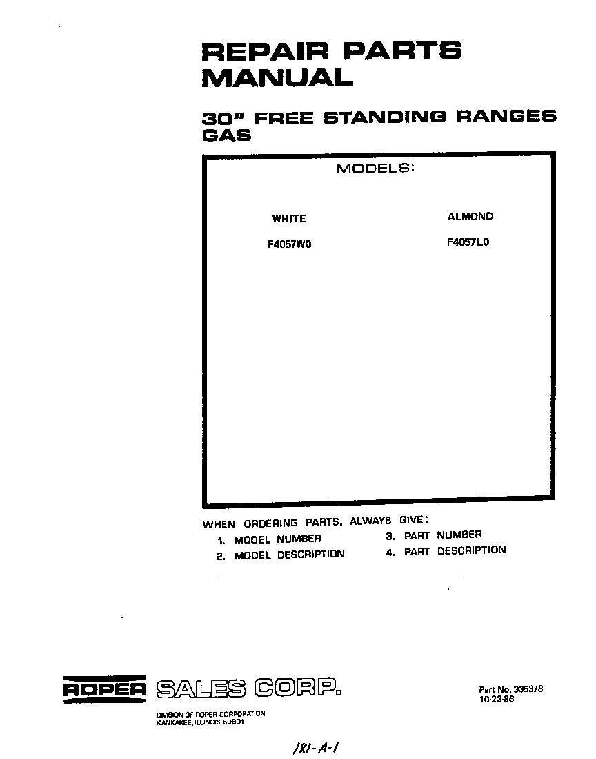 Roper F4057*0 front cover diagram