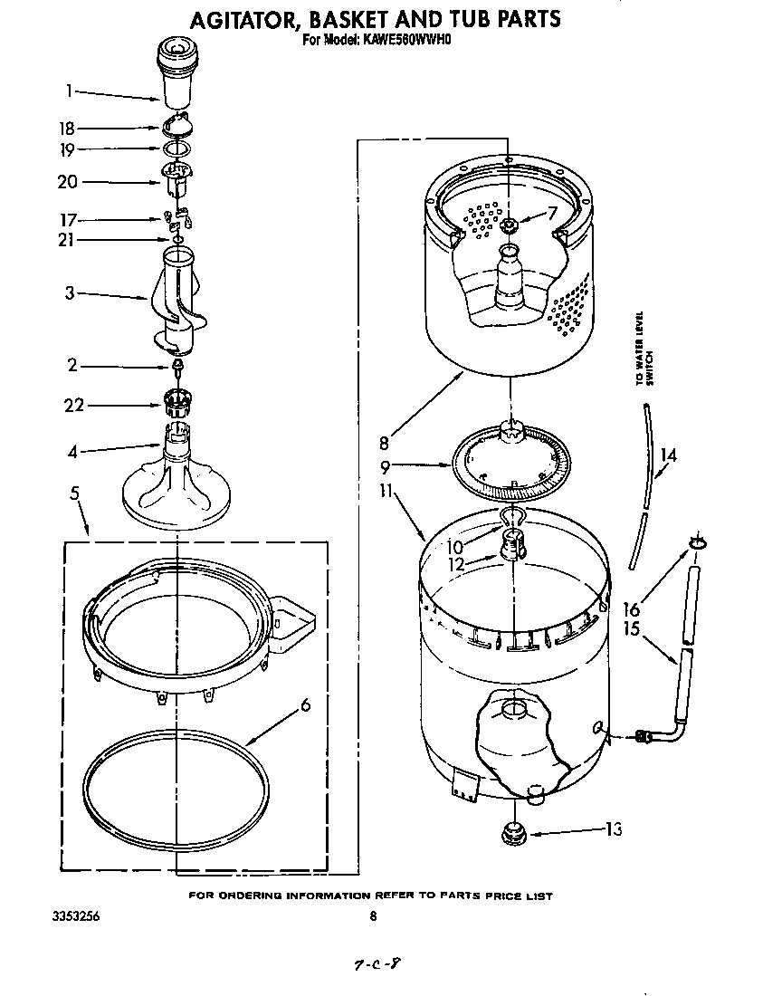 KitchenAid KAWE560WWH0 agitator, basket and tub diagram