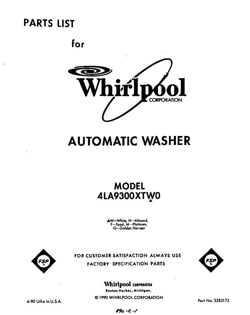 Whirlpool 4LA9300XTW0 front cover diagram