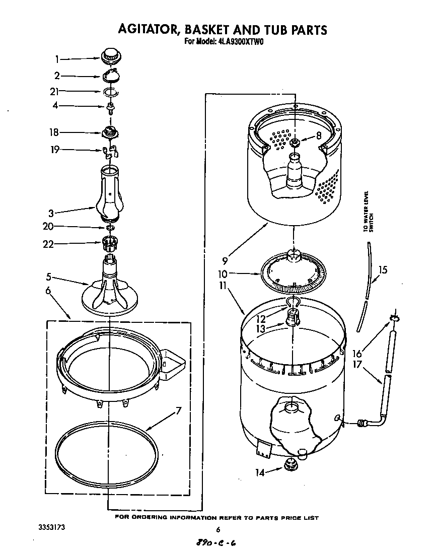 Whirlpool 4LA9300XTW0 agitator, basket and tub diagram